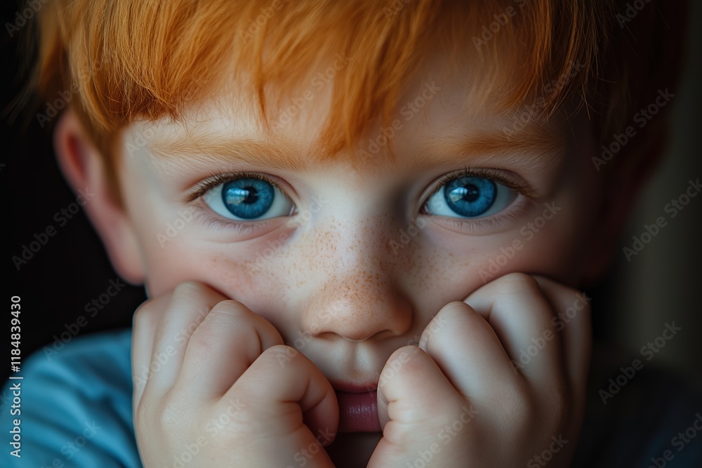 Close-up portrait of caucasian male child with red hair and freckles staring intently with blue eyes Close-up portrait of caucasian male child with red hair and freckles staring intently with blue eyes