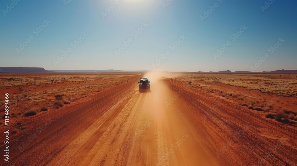 A vehicle driving on a dusty road through a vast desert landscape under a clear blue sky. A vehicle driving on a dusty road through a vast desert landscape under a clear blue sky.