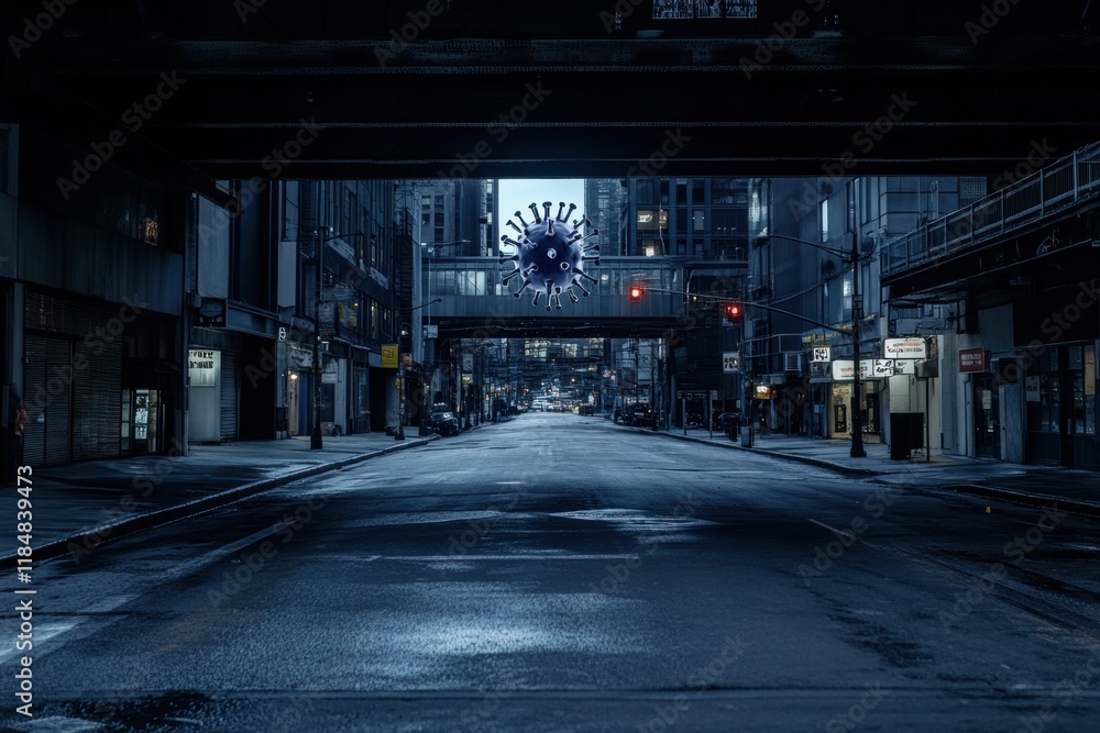Naklejka premium Empty urban street at night with symbolic virus motif hanging over the scene. Generative AI