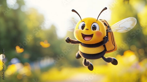 A 3D cartoon bumblebee character with a backpack, flying joyfully to represent adventure and travel, with a cheerful yellow background.bee, cartoon, insect, honey, animal, illustration, vector, nature