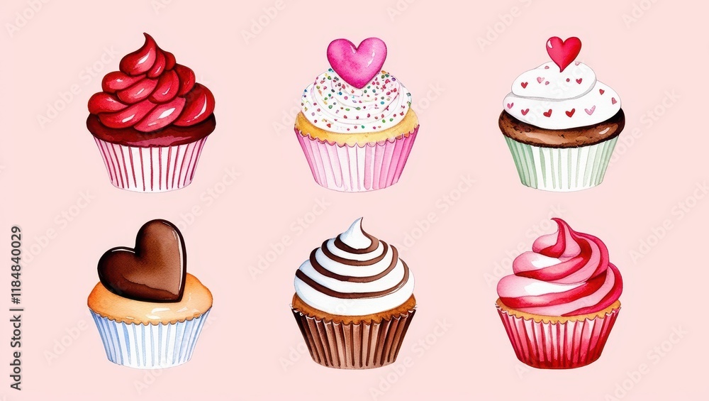 Six Watercolor Cupcakes Valentine s Day Treats Sweet Bakery Illustration Romantic Dessert Design Six Watercolor Cupcakes Valentine s Day Treats Sweet Bakery Illustration Romantic Dessert Design