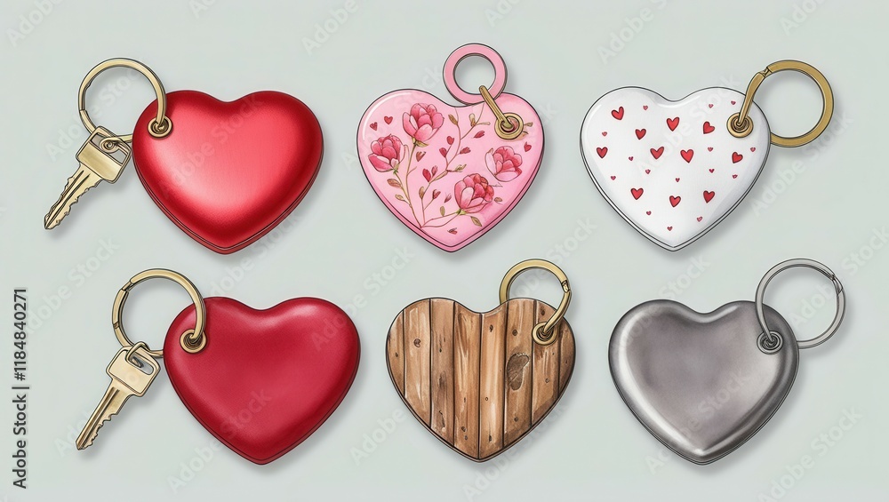 Fototapeta premium Collection of Heart Shaped Keychains Red Pink Floral Wooden and Metallic Designs