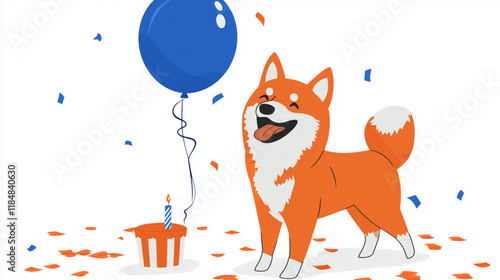 A joyful vector design of a dog holding a balloon, celebrating a colorful children’s birthday party with decorations and gifts.