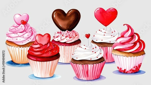 Delicious Valentine s Day Cupcakes Watercolor Sweet Treats Romantic Dessert Festive Bakery photo