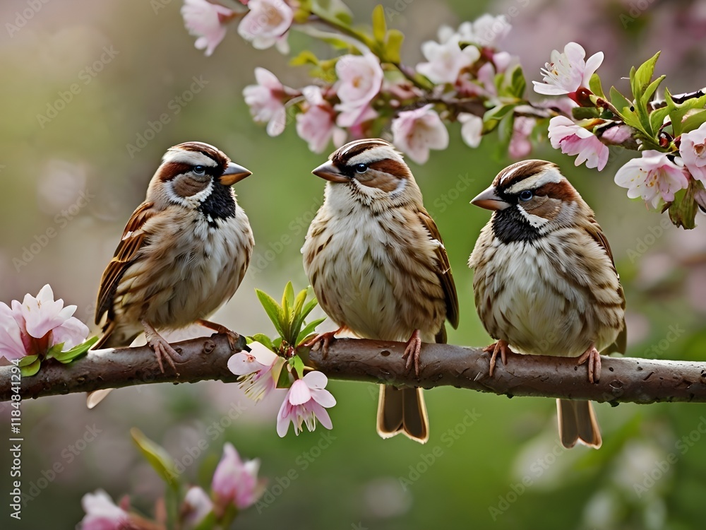 Three Birds on a Blossoming Branch Amid Springtime Flowers Three Birds on a Blossoming Branch Amid Springtime Flowers