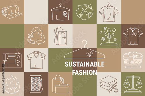 Circular fashion economy concept. Banner with icons representing sustainable practices like responsible consumption, reuse, repair. Sustainable eco-friendly fashion. Hand drawn vector icons