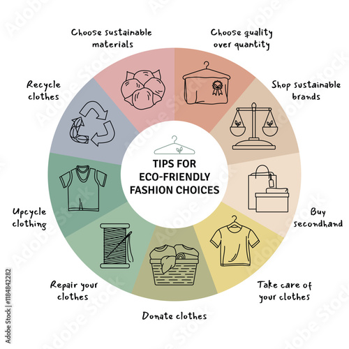 Tips for eco-friendly sustainable choices. Infographic against fast fashion and overconsumption. Circular fashion economy, sustainable eco-friendly textile industry. Hand drawn vector illustration