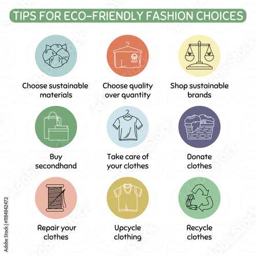 Tips for eco-friendly sustainable choices. Infographic against fast fashion and overconsumption. Circular fashion economy, sustainable eco-friendly textile industry. Hand drawn vector illustration