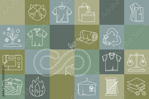Circular fashion economy concept. Banner with icons representing sustainable practices like responsible consumption, reuse, repair. Sustainable eco-friendly fashion. Hand drawn vector icons