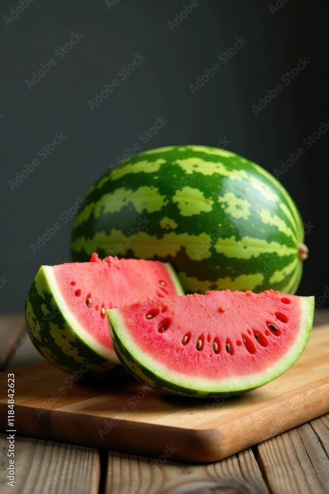 Fresh watermelon with green rind and juicy pink flesh on a wooden cutting board, cut fruit, fresh fruit, wooden cutting board Fresh watermelon with green rind and juicy pink flesh on a wooden cutting board, cut fruit, fresh fruit, wooden cutting board
