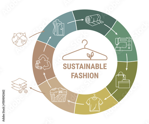 Circular fashion economy line infographic. Sustainable fashion eco-friendly business model. Scheme of product life cycle from raw material to production, consumption, reuse, upcycling, recycling