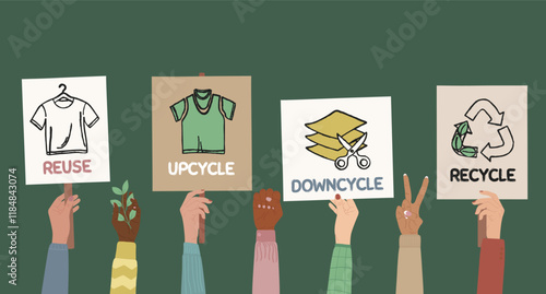 Protest strike against fast fashion waste and overconsumption. Set of human hands with eco banners, placards. Circular fashion economy, Sustainable fashion. Hand drawn vector illustration