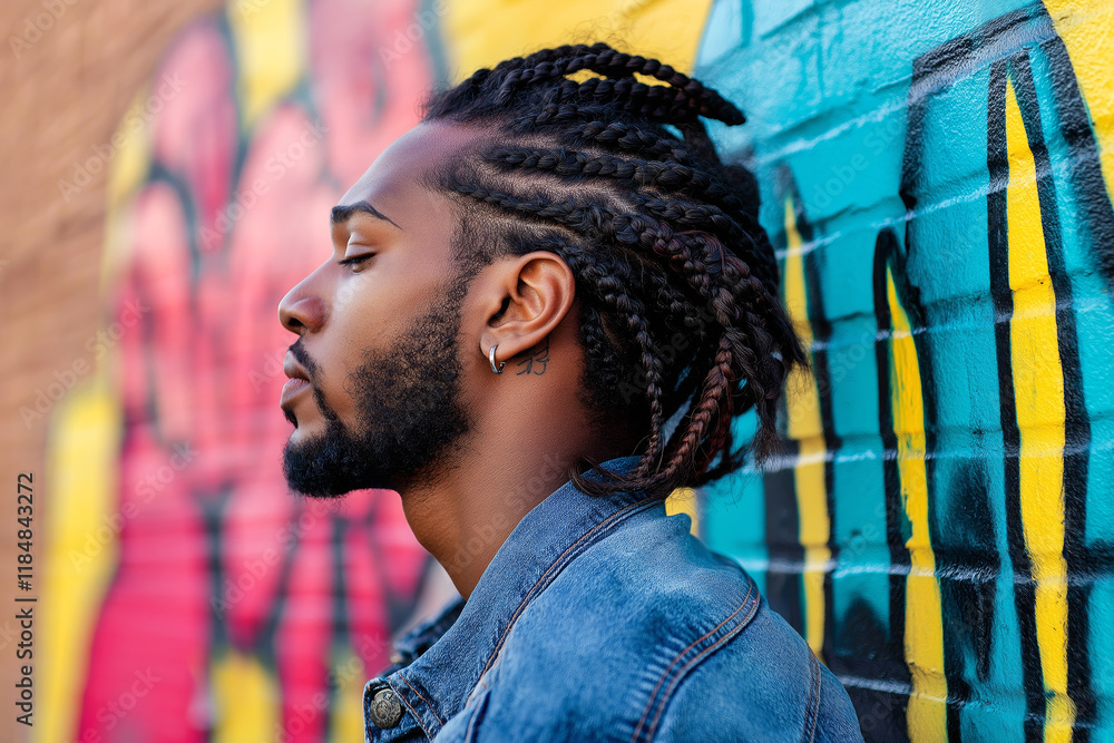 Side profile of a man with intricate afro braid designs, wearing a denim jacket, standing against an urban graffiti wall. Side profile of a man with intricate afro braid designs, wearing a denim jacket, standing against an urban graffiti wall.