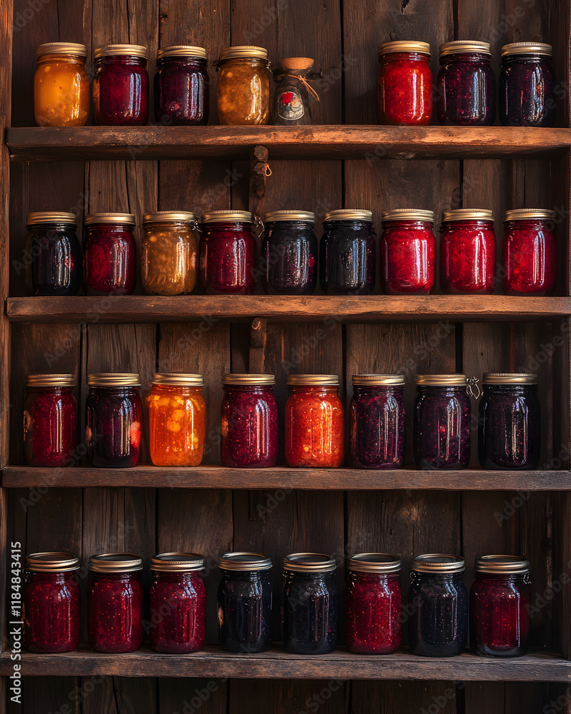 A rustic display of various homemade preserves in glass jars on shelves. A rustic display of various homemade preserves in glass jars on shelves.