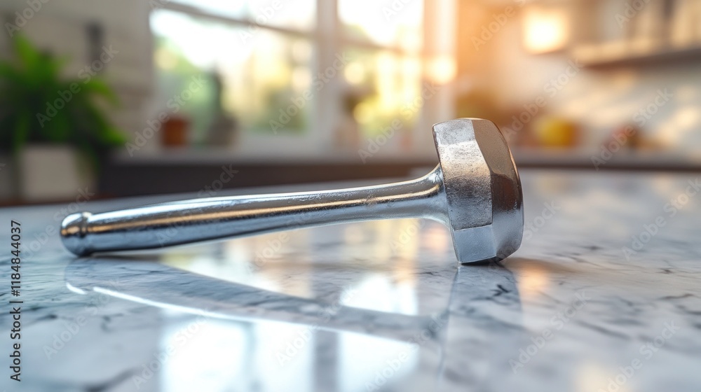 Kitchen meat mallet on marble countertop, sunlit room Kitchen meat mallet on marble countertop, sunlit room