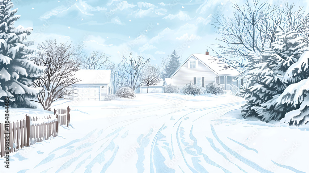 Naklejka premium Winter landscape with a snowy road, houses, and trees under a blue sky