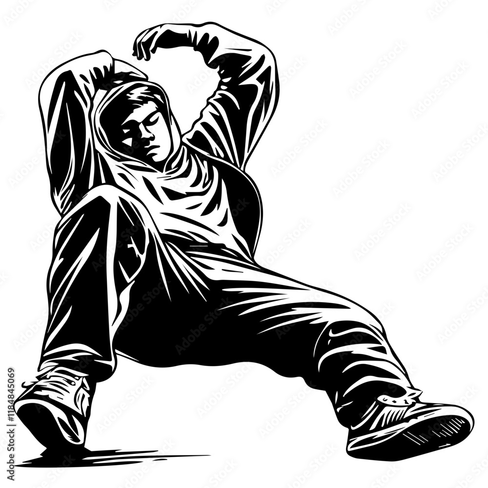 Black and white image of a powerful dance move, Hip hop dance Black and white image of a powerful dance move, Hip hop dance