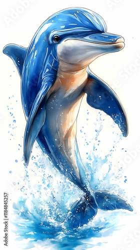 Vibrant Dolphin Watercolor Illustration: Leaping Aquatic Mammal in Dynamic Pose photo