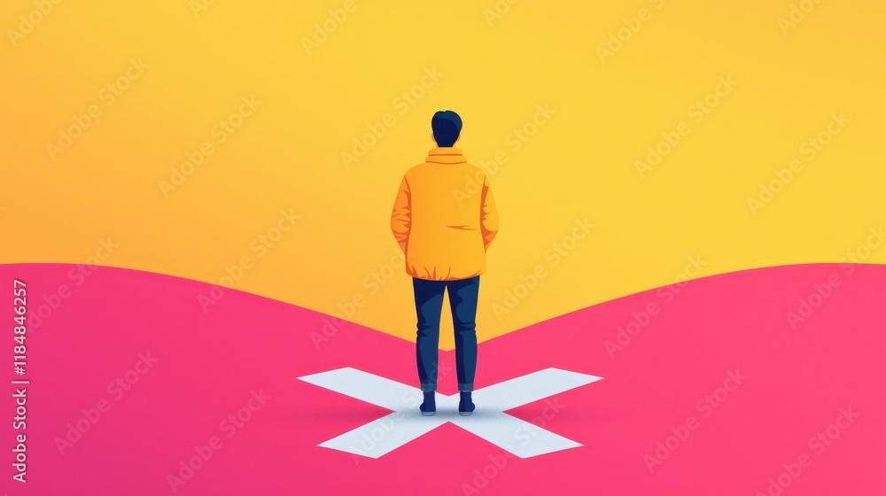 A person in a yellow jacket stands at a crossroads marked by an X on a vibrant pink and yellow background, symbolizing choices and decisions. A person in a yellow jacket stands at a crossroads marked by an X on a vibrant pink and yellow background, symbolizing choices and decisions.