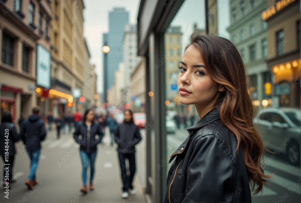 Young Woman in Leather Jacket on City Street Young Woman in Leather Jacket on City Street