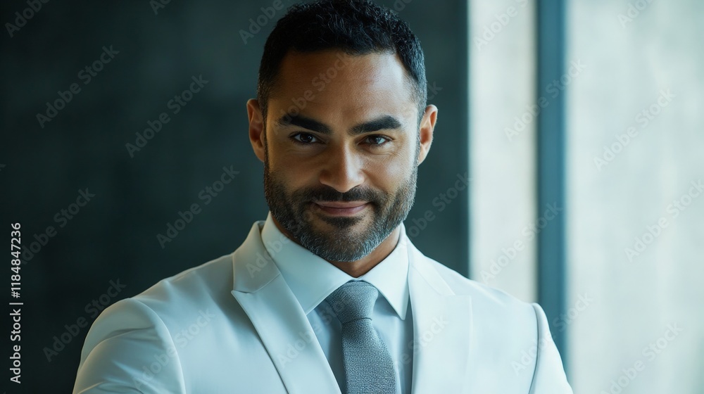 A man in a white suit and gray tie is smiling. He is wearing a tie that is gray and white A man in a white suit and gray tie is smiling. He is wearing a tie that is gray and white