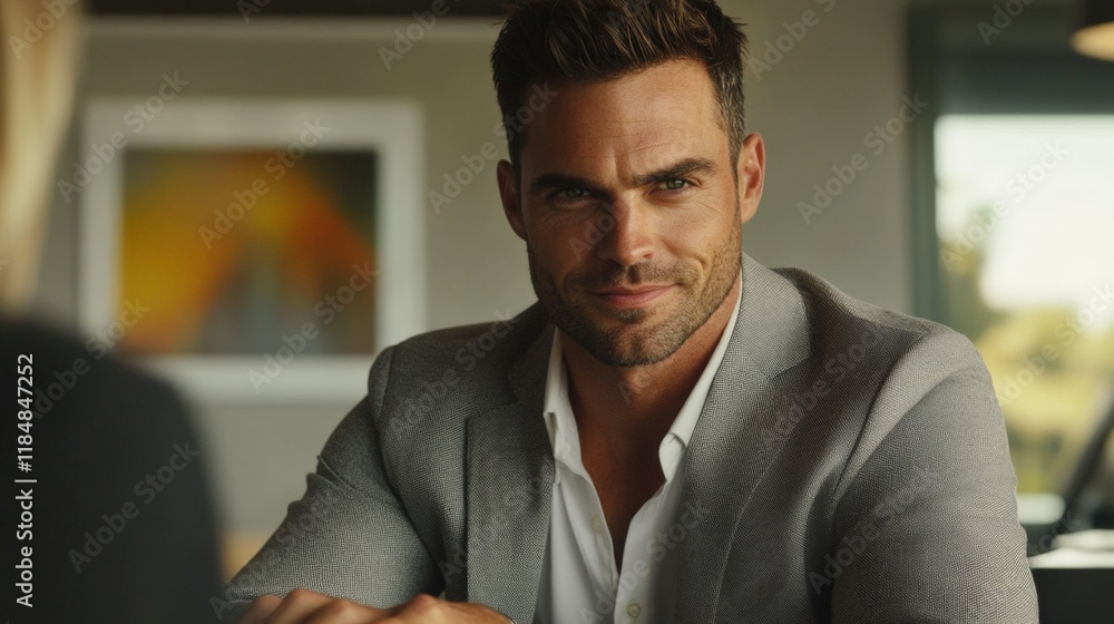 A man in a gray jacket and white shirt is smiling. He is sitting at a table. Scene is happy and friendly A man in a gray jacket and white shirt is smiling. He is sitting at a table. Scene is happy and friendly