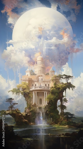 A fantastical, ethereal palace stands majestically on a lush, elevated landform, surrounded by a tranquil body of water. Towering trees with vibrant foliage frame the structure, which features intrica photo