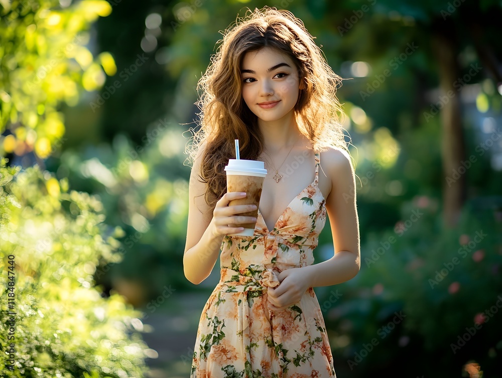 Young Woman in Floral Dress Sipping Iced Coffee in Sunny Garden Stroll Young Woman in Floral Dress Sipping Iced Coffee in Sunny Garden Stroll