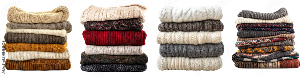 Older and stacked sweaters isolated on transparent background, Set of