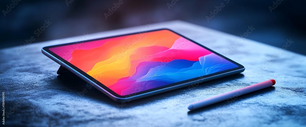 Obraz premium Tablet computer with stylus on a table, displaying abstract colorful design.