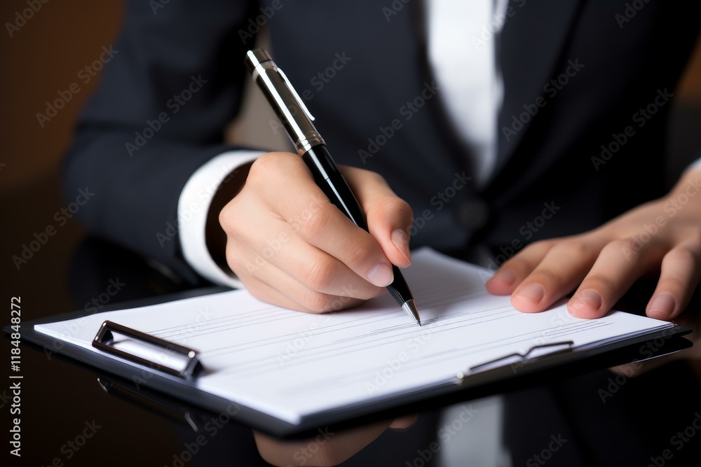 Businesswoman writing notes on a clipboard during a meeting Businesswoman writing notes on a clipboard during a meeting
