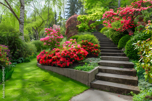 Beautiful garden path with stone steps and vibrant flowers. photo