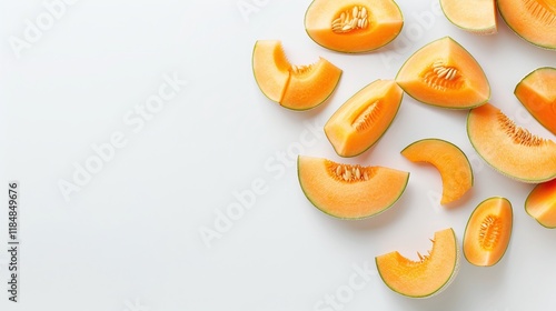Cantaloupe slices, cantaloupe melon, fresh fruit, healthy food, minimal, isolated, white background, copy space