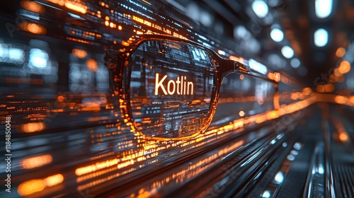 Kotlin code executes complex data handling in a digital environment with vivid orange highlights and futuristic design