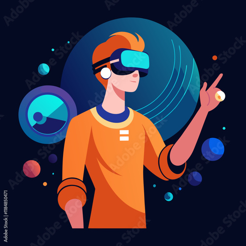 illustration of player in virtual reality glasses, VR