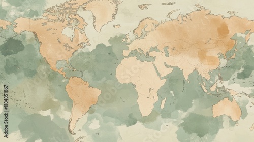 Vintage World Map with Artistic Watercolor Effects. Detailed and Beautiful Representation of the Earth. Explore the World's Continents and Oceans with this Exquisite Map.