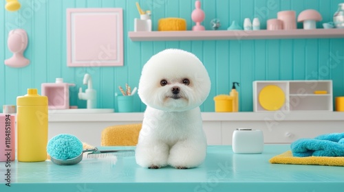 Playful bichon frise dog in colorful grooming studio pet photography bright and cheerful environment photo