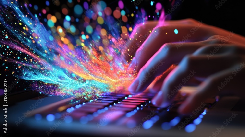 Close up of programmer's hands typing on illuminated laptop keyboard, generating vibrant, dynamic stream of colorful particles and light trails, symbolizing creative coding and digital art Close up of programmer's hands typing on illuminated laptop keyboard, generating vibrant, dynamic stream of colorful particles and light trails, symbolizing creative coding and digital art