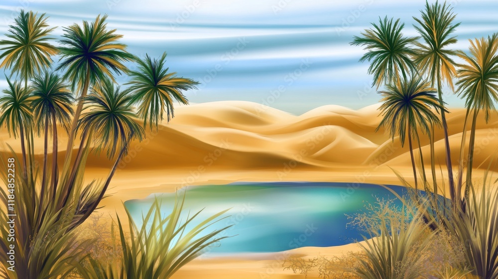 Obraz premium Serene Desert Oasis: A Stunning Visual of Palm Trees, Sand Dunes, and a Tranquil Water Source