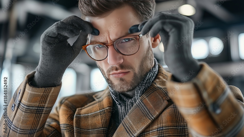 Obraz premium Engineer in protective glasses examining a digital interface in a futuristic lab setting. Concept of innovation and scientific progress