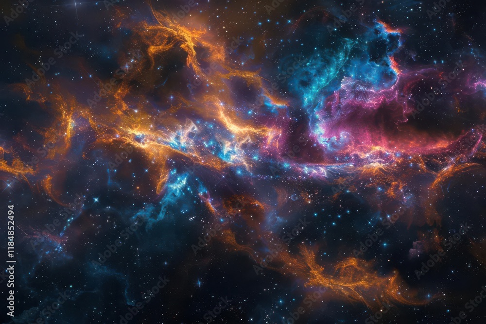 Obraz premium A vibrant cosmic scene showcasing colorful nebulae and stars in the vastness of space.