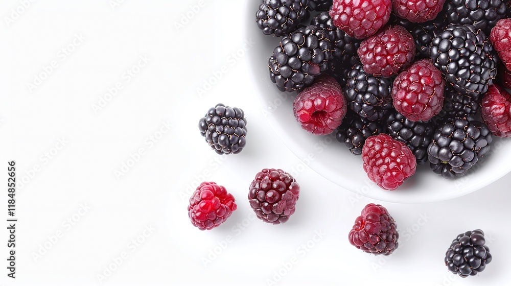 Fresh berries on white, bowl of raspberries and blackberries, healthy fruit close up, minimalist food photography, copy space
Fresh berries on white, bowl of raspberries and blackberries, healthy fruit close up, minimalist food photography, copy space