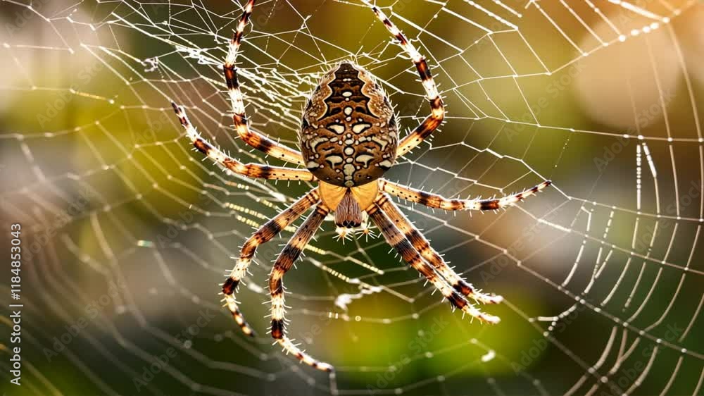 Close up of spider weaving its intricate web in sunlight, showcasing detailed patterns and colors in beautiful outdoor nature scene, highlighting beauty of this animal and its macro details. Close up of spider weaving its intricate web in sunlight, showcasing detailed patterns and colors in beautiful outdoor nature scene, highlighting beauty of this animal and its macro details.