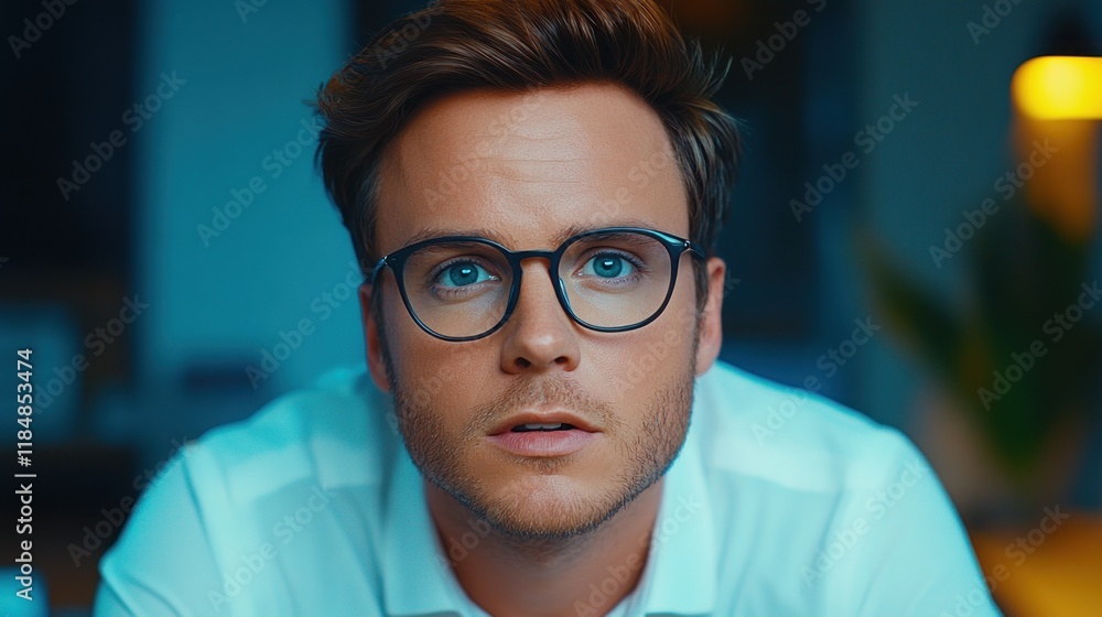 Close-up portrait of a man with a thoughtful expression, wearing glasses, in a dimly lit room Close-up portrait of a man with a thoughtful expression, wearing glasses, in a dimly lit room