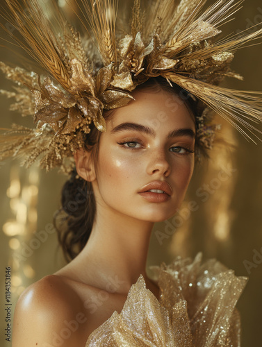 Portrait of a model adorned with a golden couture headpiece featuring wheat and glittering foliage, paired with a shimmering gold dress. The composition highlights elegance, natural beauty, and opulen photo