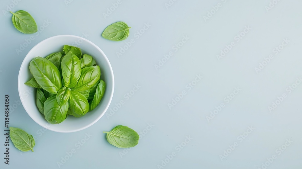 Obraz premium Fresh basil leaves on blue, bowl of green basil, herbs close up, minimalist food photography, copy space background