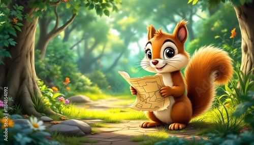 Adorable Squirrel's Forest Adventure: A whimsical illustration of a cute cartoon squirrel holding a map in a lush green forest, perfect for children's books, illustrations, or game assets.