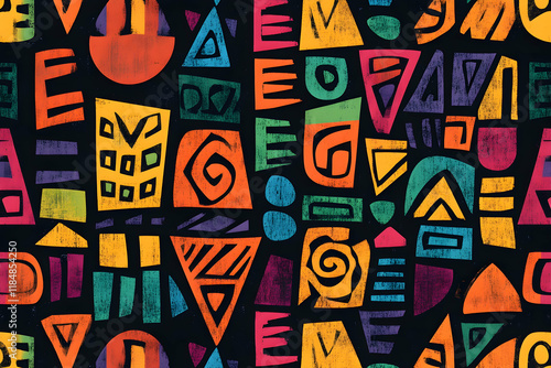 Vibrant African tribal geometric pattern, featuring colorful shapes and seamless repetition for bold designs