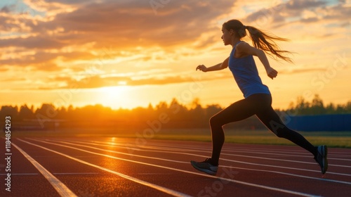 female athlete races on an outdoor track while the sun sets, casting warm hues across the sky