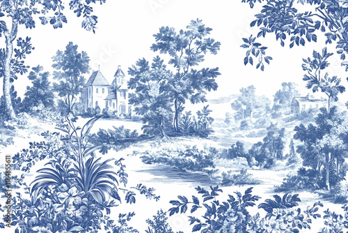 Vintage toile seamless pattern featuring floral and scenic motifs for traditional designs